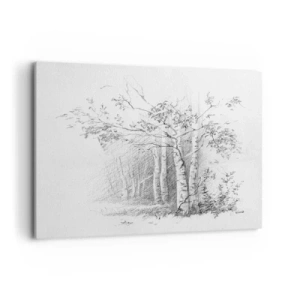 Obraz na płótnie - Rysunek brzozowego lasu w subtelnym szkicu ołówkiem - 100x70cm - Światło brzozowego lasu - Nowoczesna dekoracja ścienna do salonu, kuchni i sypialni ARTTOR