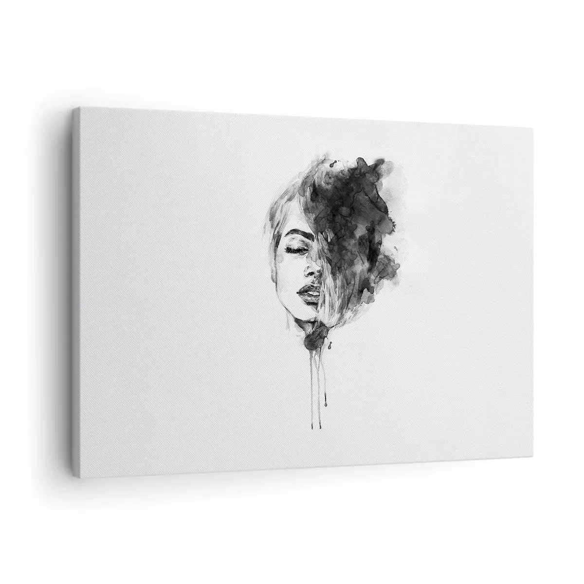Obraz na płótnie - Artystyczny portret kobiety w technice akwareli z abstrakcyjnymi detalami - 70x50cm - O czym marzy dziewczyna - Nowoczesna dekoracja ścienna do salonu i sypialni ARTTOR