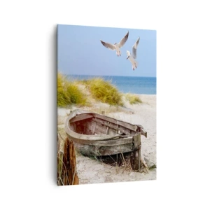 Obraz na płótnie - Porzucona łódka na plaży z mewami - 70x100cm - Skąpane wiatrem - Nowoczesna dekoracja ścienna do salonu i sypialni ARTTOR