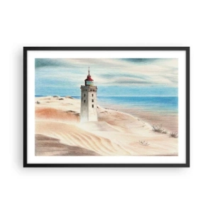 Plakat w czarnej ramie - Latarnia morska w otoczeniu piaszczystych wydm i błękitnego nieba - 70x50cm - Zawsze wpatrzona w morze - Nowoczesna dekoracja ścienna do salonu i sypialni ARTTOR