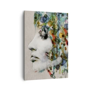 Obraz na płótnie - Abstrakcyjny portret kobiety w kolorowej stylistyce - 50x70cm - Wyłoniła się z szarości - Nowoczesna dekoracja ścienna do salonu, kuchni i sypialni ARTTOR