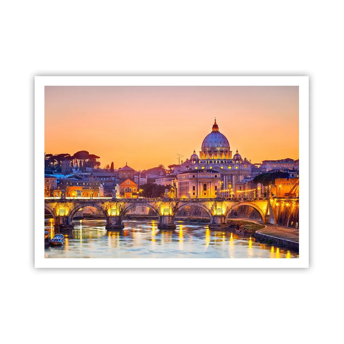 Plakat - Panorama Watykanu o zachodzie słońca z mostem na rzece - 100x70cm - Zmierzch nad Wiecznym Miastem - Nowoczesna dekoracja ścienna do salonu i sypialni ARTTOR