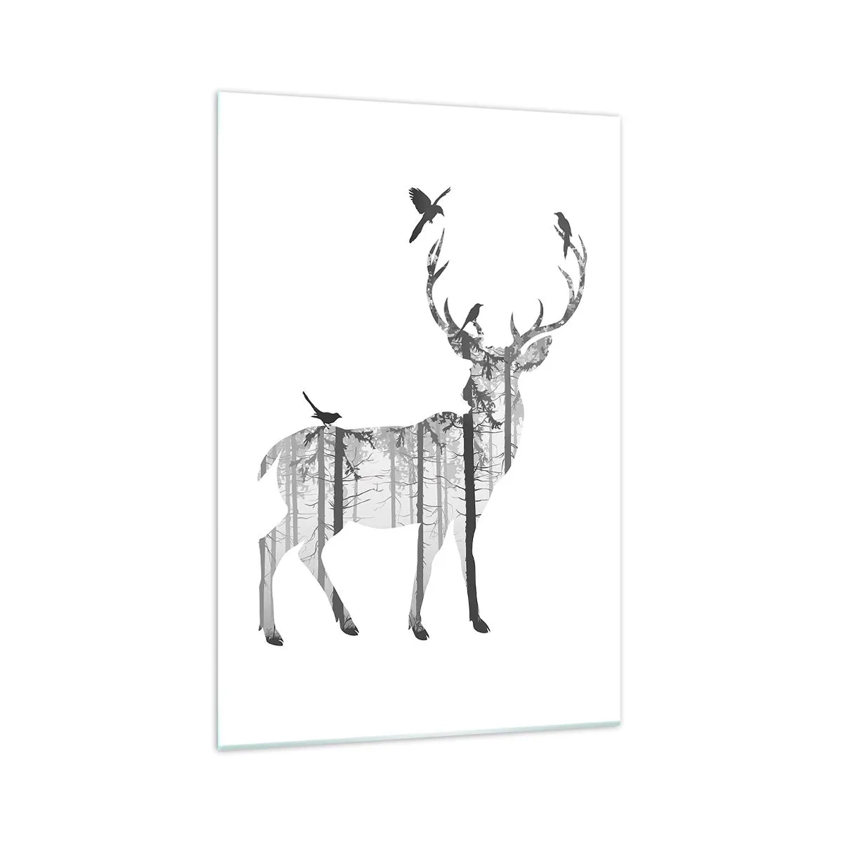 Obraz na szkle - Sylwetka jelenia z lasem i ptakami - 70x100cm - Dobry duch lasu - Nowoczesna dekoracja ścienna do salonu i sypialni ARTTOR