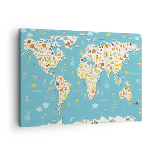 Obraz na płótnie - Kolorowa mapa świata z ilustracjami zwierząt - 70x50cm - Kochamy cały świat - Nowoczesna dekoracja ścienna do salonu i sypialni ARTTOR