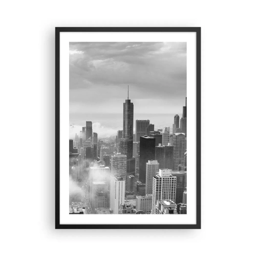 Plakat w czarnej ramie - Czarno-biały widok na panoramę miasta z wieżowcami w chmurach - 50x70cm - Pejzaż amerykański - Nowoczesna dekoracja ścienna do salonu i sypialni ARTTOR