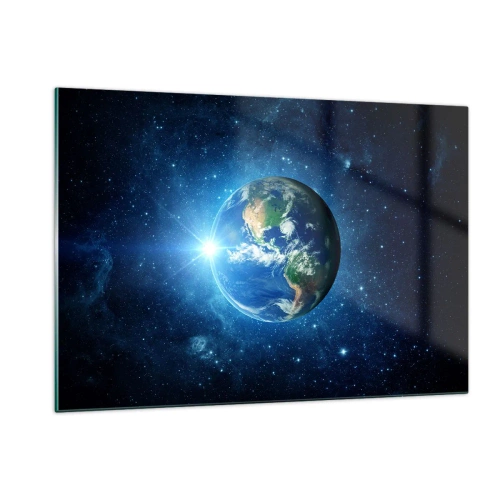 Obraz na szkle - Ziemia widziana z kosmosu z promieniami światła - 120x80cm - Jesteśmy w niebie - Nowoczesna dekoracja ścienna do salonu, kuchni i sypialni ARTTOR