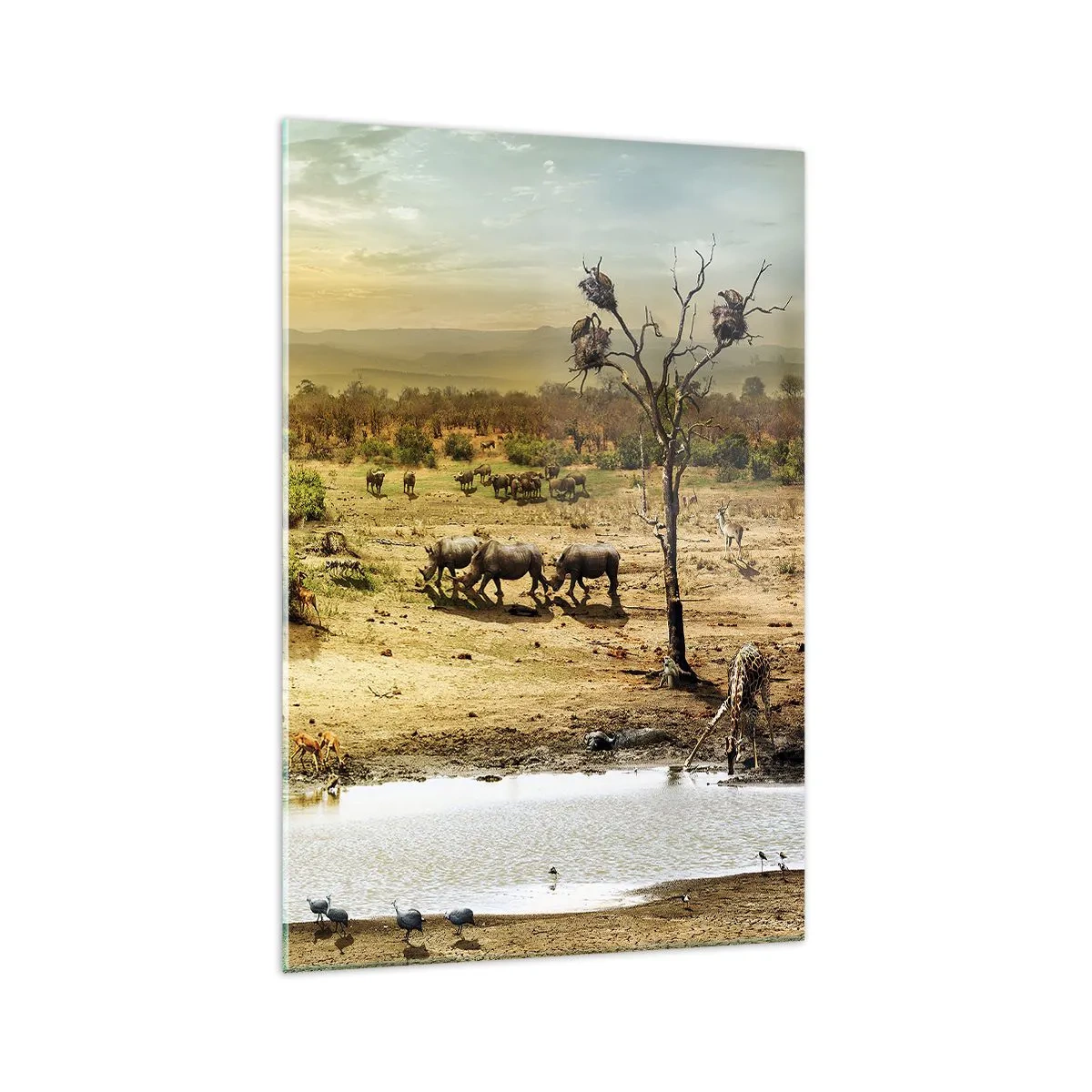 Obraz na szkle - Słonie i dzikie zwierzęta przy wodopoju o zachodzie słońca - 70x100cm - "Z Edenu zaś wypływała rzeka…" - Nowoczesna dekoracja ścienna do salonu i sypialni ARTTOR