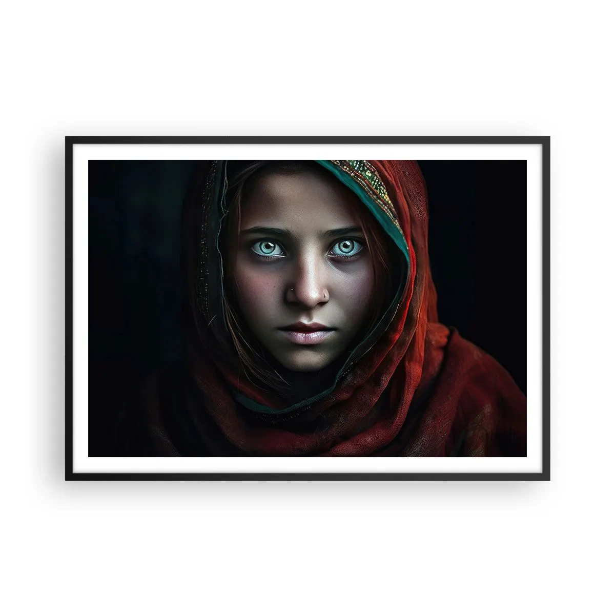 Plakat w czarnej ramie - Portret kobiety z intensywnym spojrzeniem w ciepłych barwach - 100x70cm - Wschodnia księżniczka - Nowoczesna dekoracja ścienna do salonu i sypialni ARTTOR