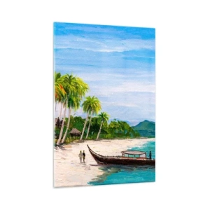 Obraz na szkle - Egzotyczna plaża z palmami i łodzią przy brzegu - 80x120cm - Egzotyczny sen - Nowoczesna dekoracja ścienna do salonu i sypialni ARTTOR