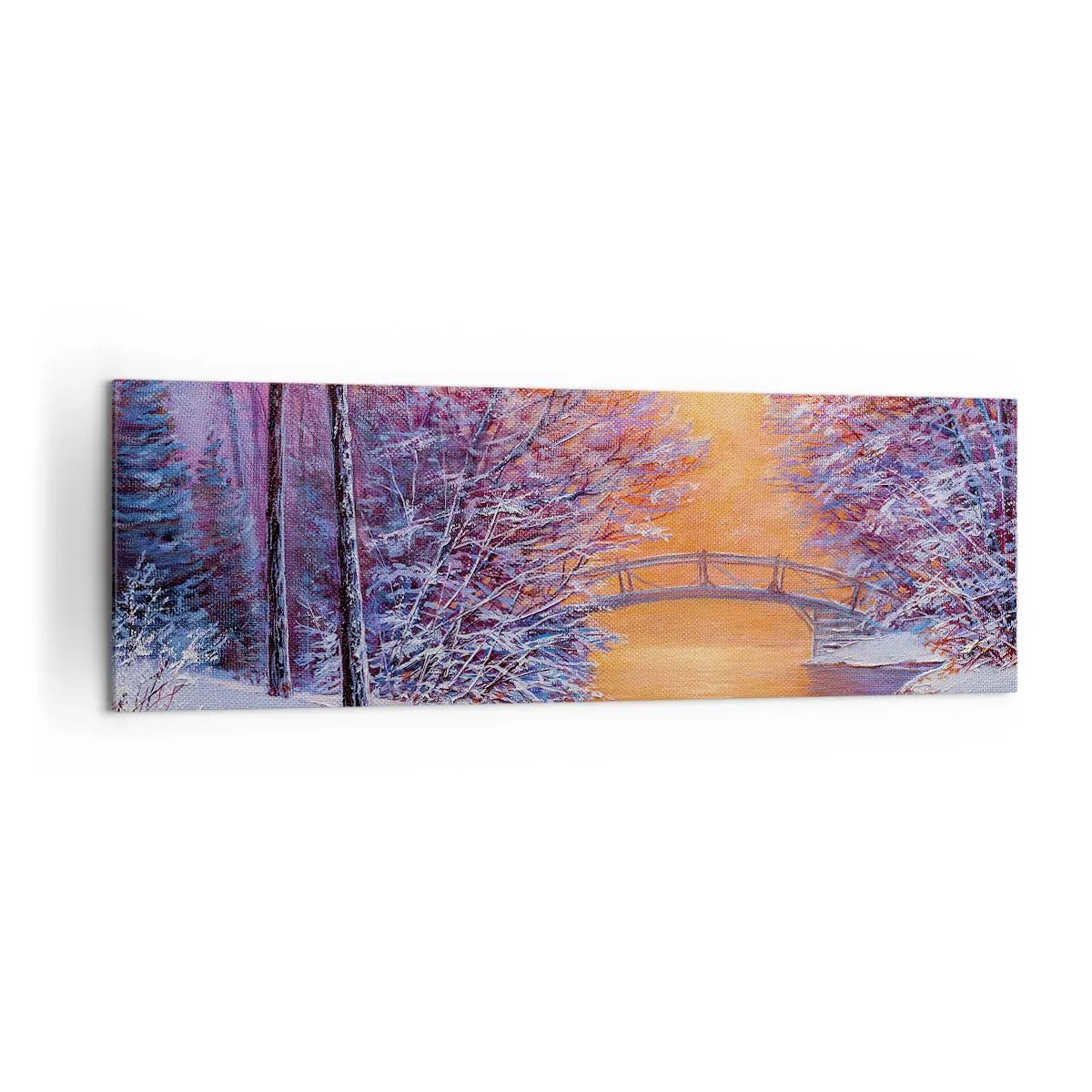 Obraz na płótnie - Zimowy krajobraz z mostkiem i zachodem słońca - 160x50cm - Spotkajmy się tu - Nowoczesna dekoracja ścienna do salonu i sypialni ARTTOR