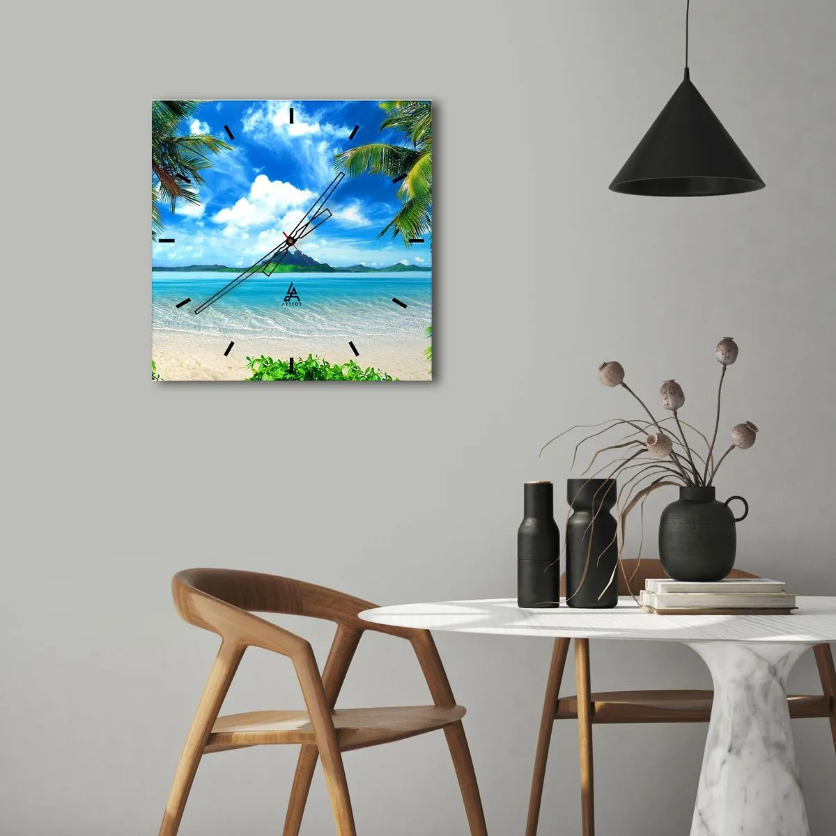 Zegar ścienny - Tropikalna plaża z palmami i widokiem na wyspę - 30x30cm - Lazur tropików - Nowoczesna dekoracja ścienna do salonu i sypialni ARTTOR