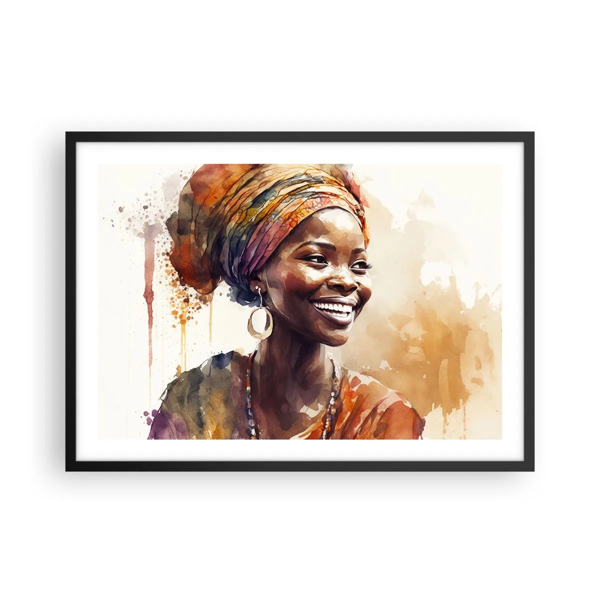 Plakat w czarnej ramie - Portret uśmiechniętej kobiety w kolorowej chuście akwarelą - 70x50cm - Afrykańska królowa - Nowoczesna dekoracja ścienna do salonu i sypialni ARTTOR