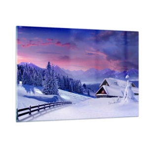 Obraz na szkle - Zimowy krajobraz z chatą i ośnieżonymi górami - 120x80cm - Cicha noc - Nowoczesna dekoracja ścienna do salonu, kuchni i sypialni ARTTOR