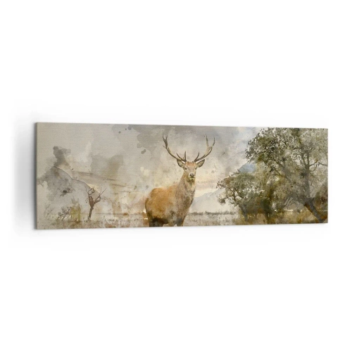 Obraz na płótnie - Jeleń w naturalnym otoczeniu w akwarelowym stylu - 160x50cm - Godność - siła - dostojeństwo - Nowoczesna dekoracja ścienna do salonu i sypialni ARTTOR