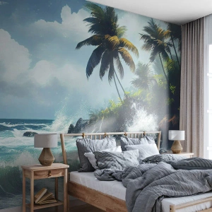 Fototapeta Premium Canvas - Tropikalny brzeg z palmami i wzburzonym morzem - 100x70cm - Na tropikalnym brzegu - Nowoczesna dekoracja ścienna do salonu i sypialni ARTTOR
