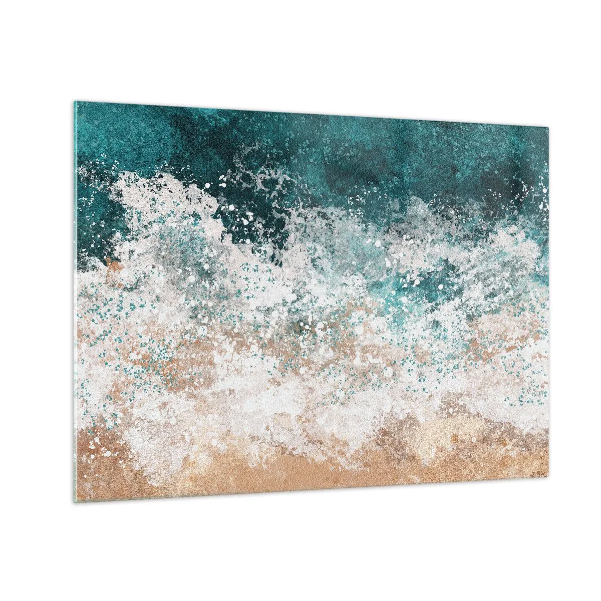 Obraz na szkle - Abstrakcyjna fala morska w odcieniach turkusu, bieli i piaskowego beżu - 70x50cm - Morskie opowieści - Nowoczesna dekoracja ścienna do salonu i sypialni ARTTOR