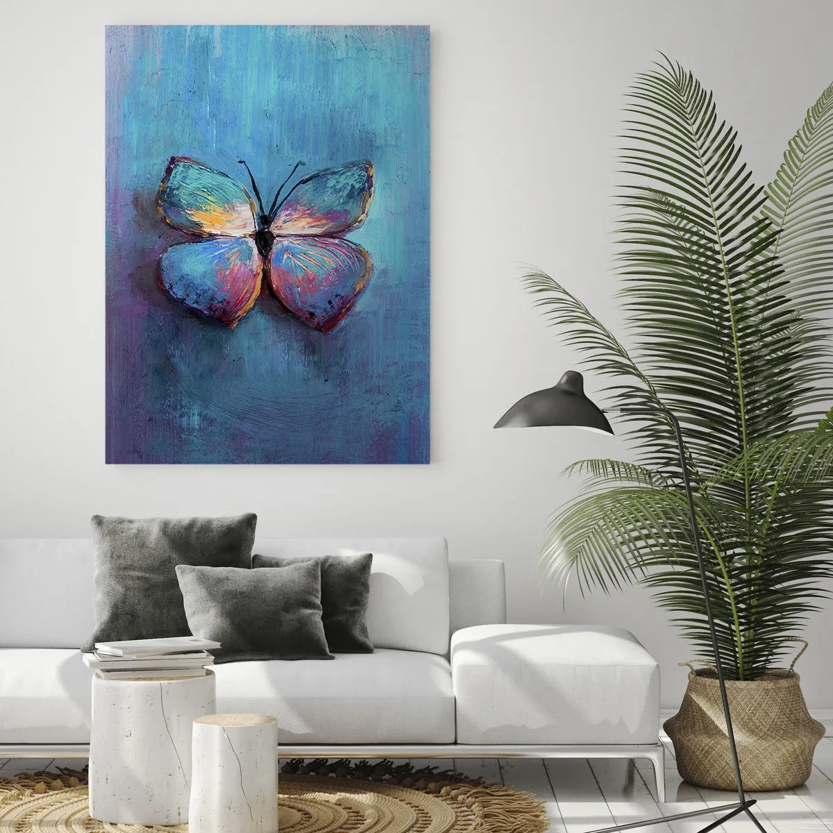 Obraz na szkle - Kolorowy motyl na niebieskim tle - 70x100cm - W pełnej krasie - Nowoczesna dekoracja ścienna do salonu i sypialni ARTTOR
