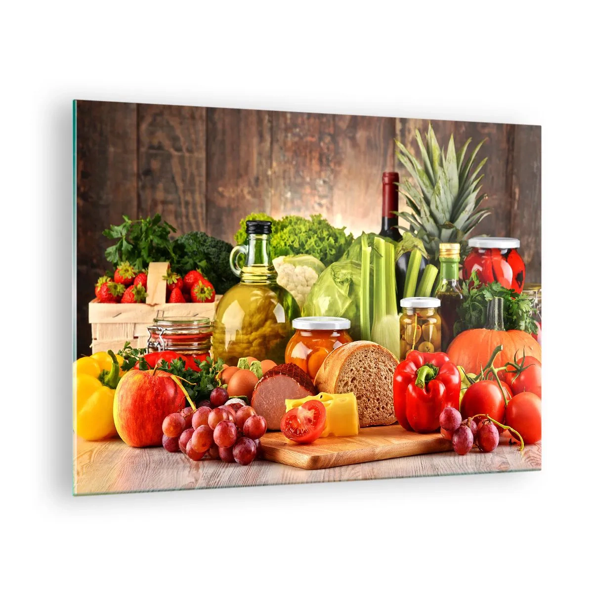 Obraz na szkle - Kolorowe warzywa, owoce, pieczywo i przetwory na drewnianym tle - 70x50cm - Wędzone, pieczone, marynowane - Nowoczesna dekoracja ścienna do salonu i sypialni ARTTOR