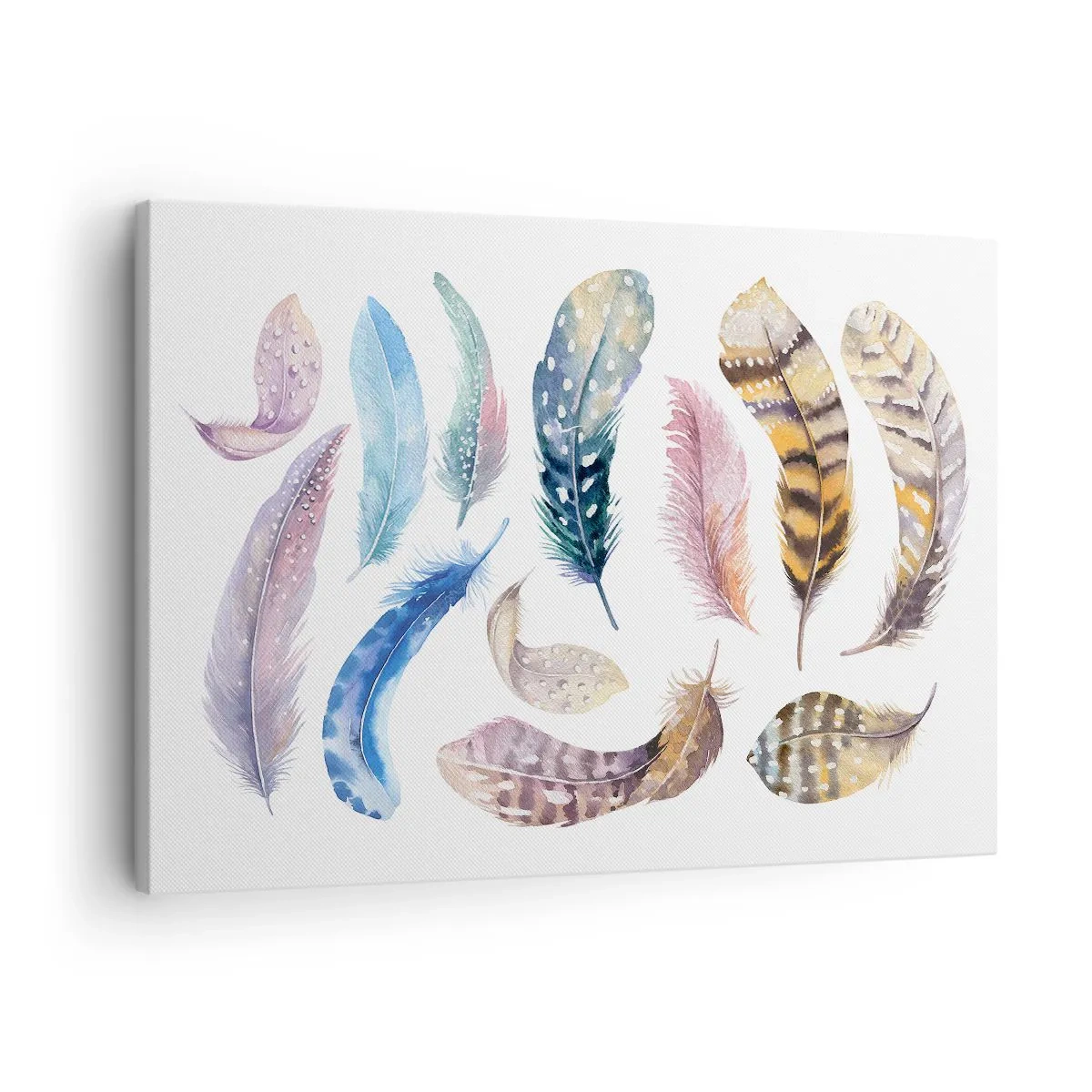 Obraz na płótnie - Kolorowe pióra w delikatnym akwarelowym stylu - 70x50cm - Lekkie, pstrokate i wielobarwne - Nowoczesna dekoracja ścienna do salonu i sypialni ARTTOR