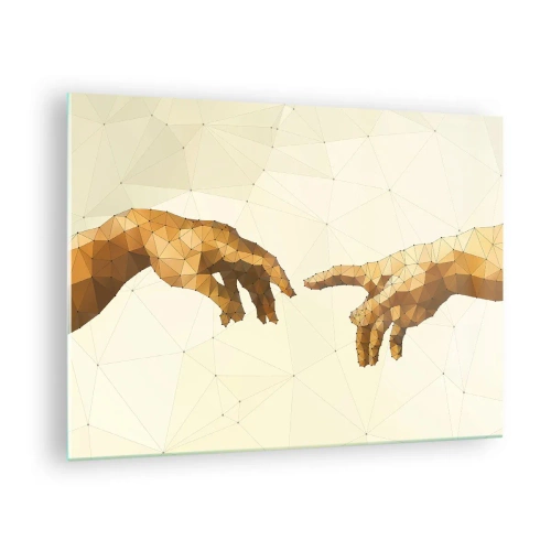 Obraz na szkle - Stylizowana wersja obrazu 'Stworzenie Adama' w technice poligonowej - 70x50cm - Boska geometria - Nowoczesna dekoracja ścienna do salonu i sypialni ARTTOR