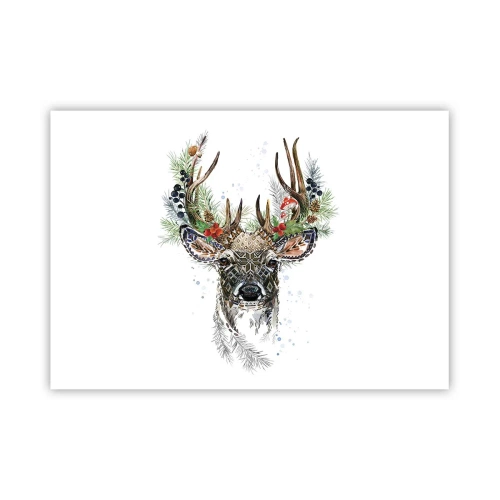 Plakat - Stylizowany jeleń z ozdobnym porożem na białym tle - 100x70cm - W świątecznej szacie - Nowoczesna dekoracja ścienna do salonu i sypialni ARTTOR