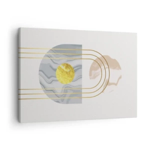 Obraz na płótnie - Abstrakcyjna kompozycja z okręgami i złotymi liniami na jasnym tle - 70x50cm - Jasność i blask - Nowoczesna dekoracja ścienna do salonu i sypialni ARTTOR