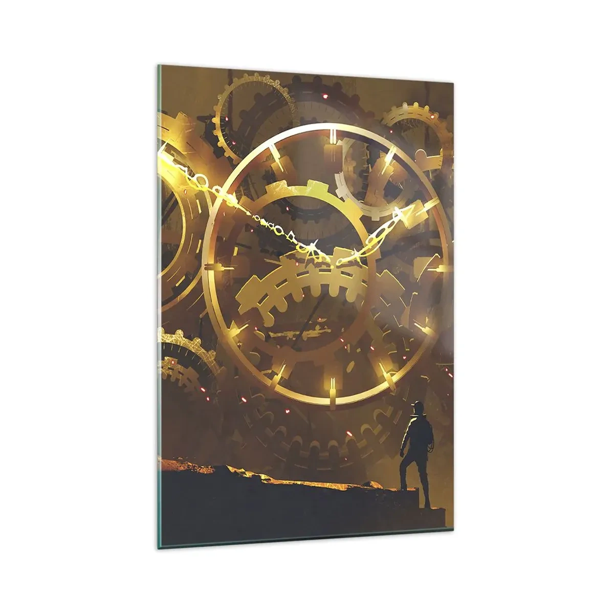 Obraz na szkle - Złote zębate koła w surrealistycznej scenerii z postacią - 80x120cm - U źródeł czasu - Nowoczesna dekoracja ścienna do salonu i sypialni ARTTOR