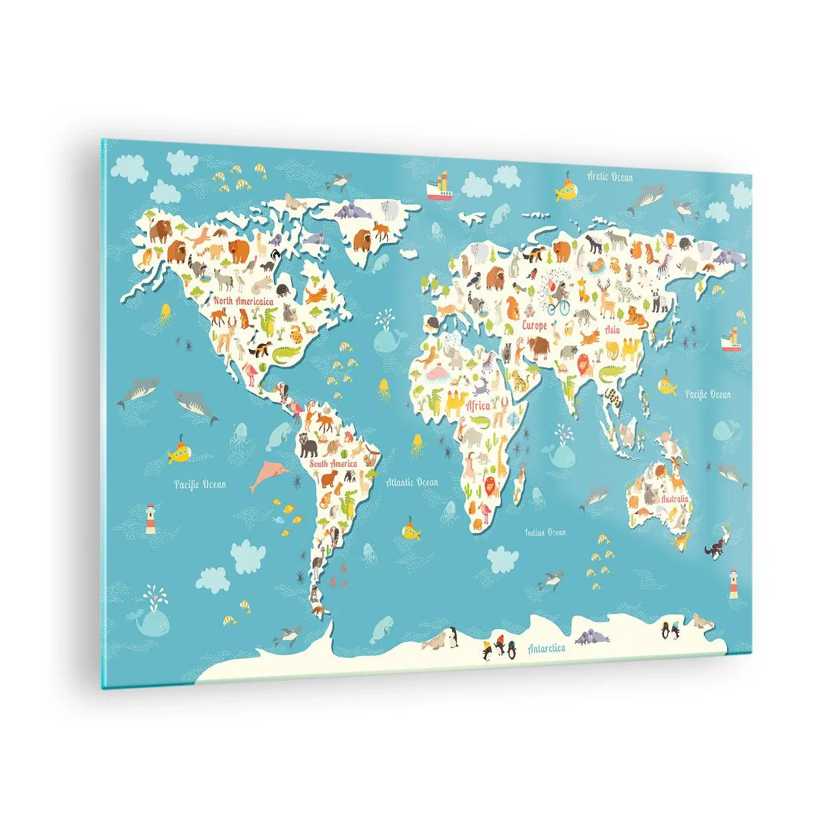 Obraz na szkle - Kolorowa mapa świata z motywami zwierząt i oceanu - 70x50cm - Kochamy cały świat - Nowoczesna dekoracja ścienna do salonu i sypialni ARTTOR