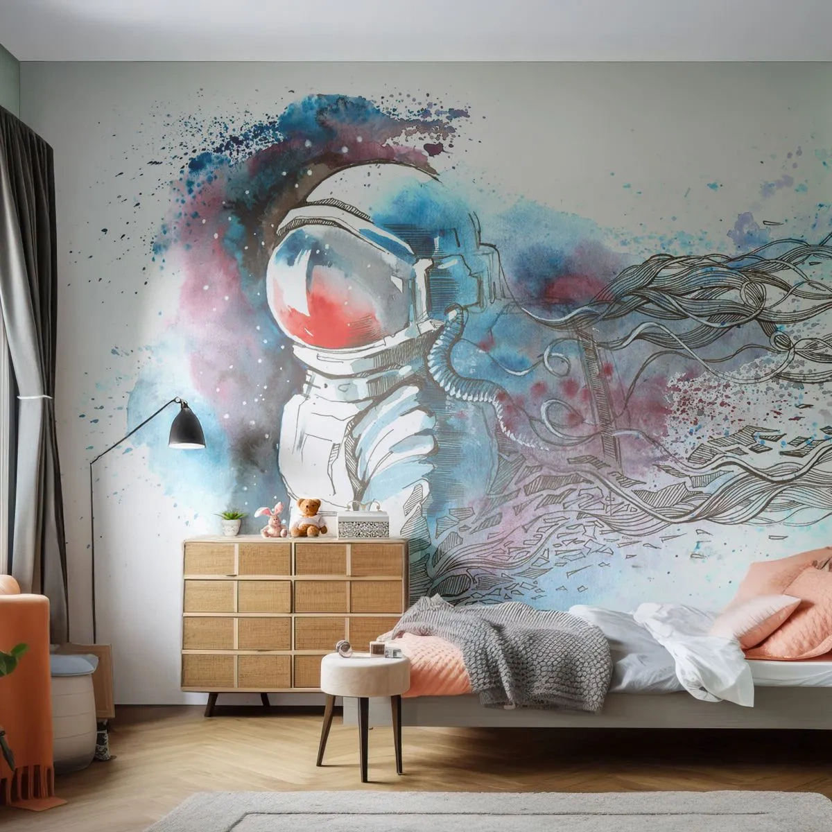 Fototapeta Premium Sand - Astronauta w przestrzeni kosmicznej w akwarelowym stylu - 100x70cm - Sam na sam z kosmosem - Nowoczesna dekoracja ścienna do salonu, kuchni i sypialni ARTTOR