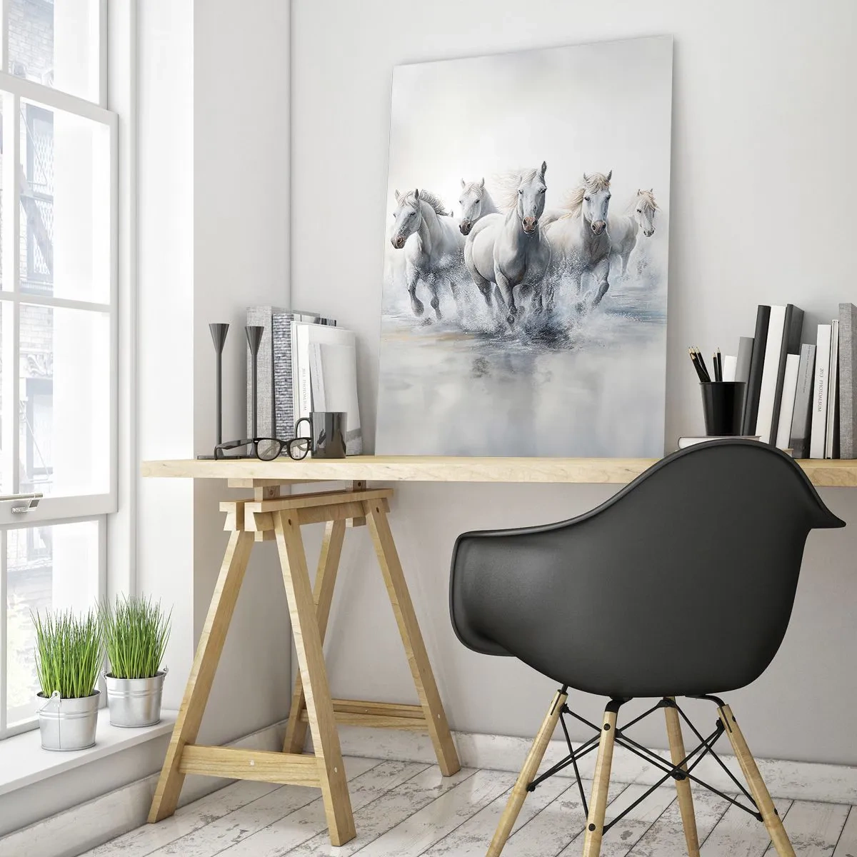 Obraz na szkle - Białe konie galopujące przez wodę w dynamicznej kompozycji - 50x70cm - Biała magia - Nowoczesna dekoracja ścienna do salonu, kuchni i sypialni ARTTOR