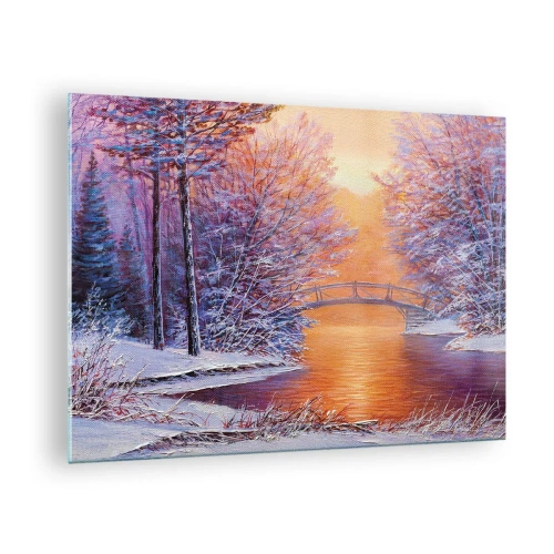 Obraz na szkle - Zimowy krajobraz z mostem i ośnieżonymi drzewami przy zachodzie słońca - 70x50cm - Spotkajmy się tu - Nowoczesna dekoracja ścienna do salonu i sypialni ARTTOR