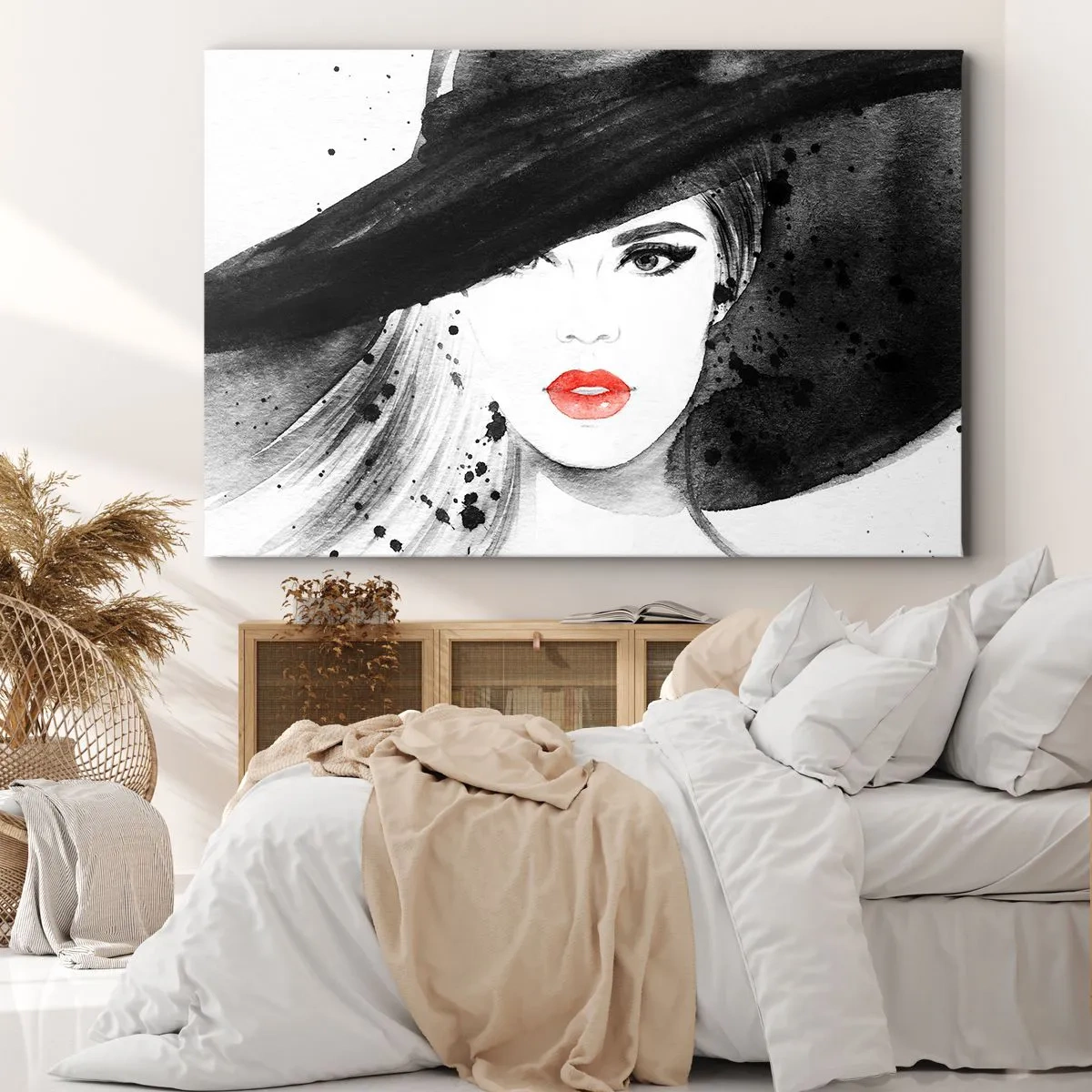 Obraz na płótnie - Portret kobiety w kapeluszu z czerwonymi ustami - 70x50cm - Dama w czerni - Nowoczesna dekoracja ścienna do salonu i sypialni ARTTOR