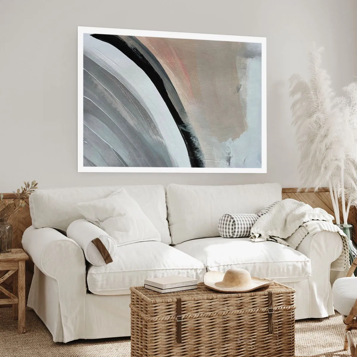 Plakat - Abstrakcyjny łuk w odcieniach czerni, szarości i beżu - 100x70cm - Kompozycja: łuk czerni i szarości - Nowoczesna dekoracja ścienna do salonu i sypialni ARTTOR