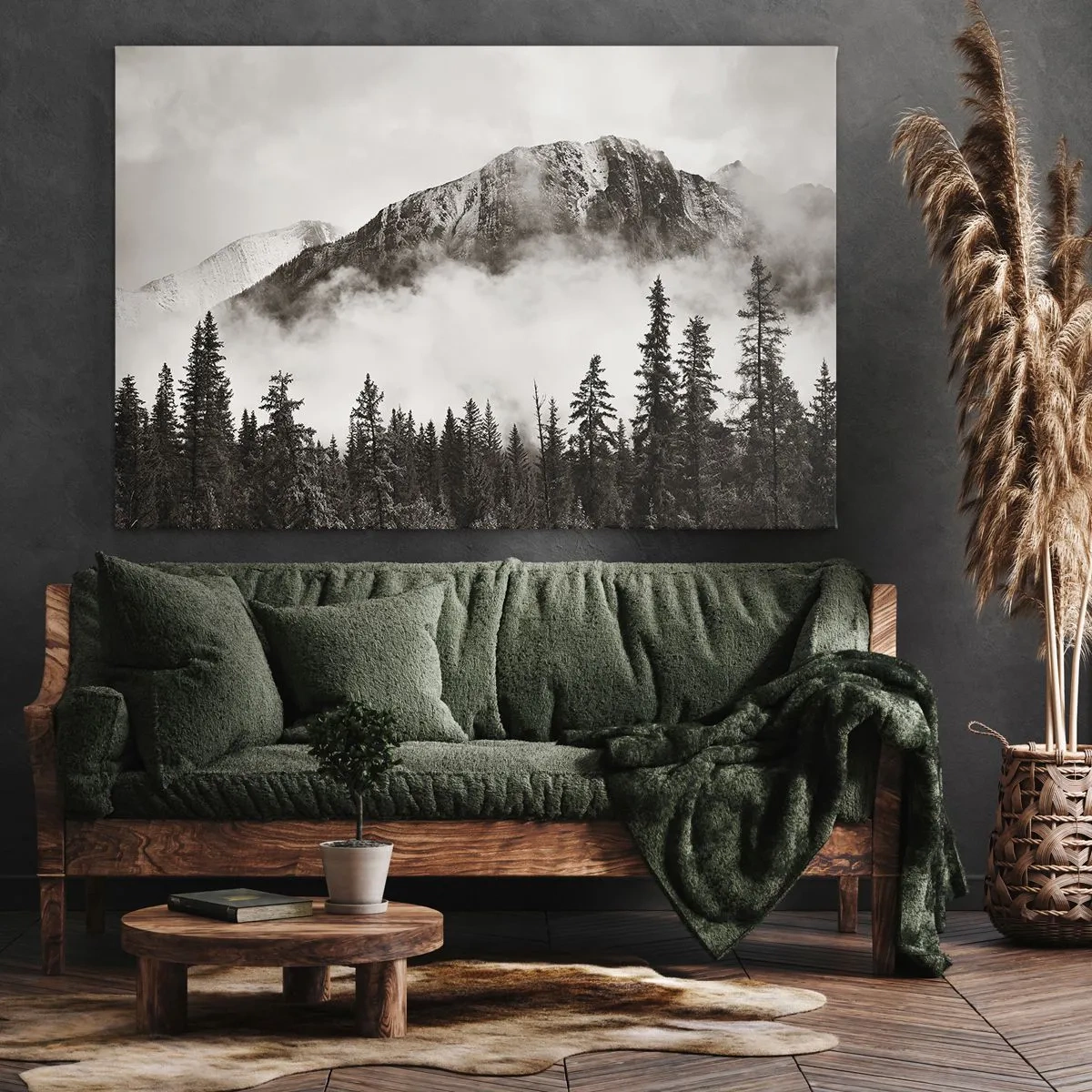 Obraz na płótnie - Malowniczy szczyt górski otoczony mgłą i lasem w odcieniach sepia - 120x80cm - Granitowy władca - Nowoczesna dekoracja ścienna do salonu, kuchni i sypialni ARTTOR