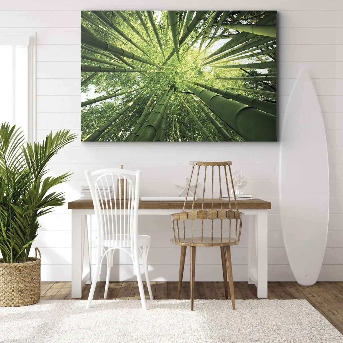 Obraz na płótnie - Widok w górę przez zielony bambusowy gaj - 70x50cm - W bambusowym gaju - Nowoczesna dekoracja ścienna do salonu i sypialni ARTTOR