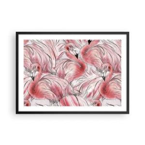 Plakat w czarnej ramie - Delikatne rysunki różowych flamingów - 70x50cm - Ptasi corps de ballet - Nowoczesna dekoracja ścienna do salonu i sypialni ARTTOR