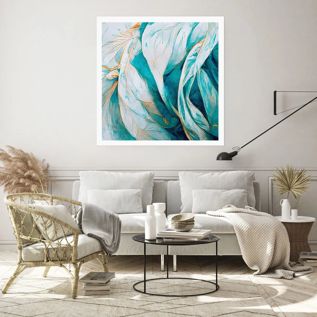 Plakat - Błękitna abstrakcja z motywem złota - 50x50 cm