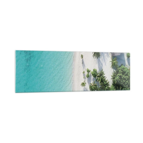 Obraz na szkle - Tropikalna plaża z turkusową wodą i palmami z lotu ptaka - 160x50cm - Wakacje w raju - Nowoczesna dekoracja ścienna do salonu i sypialni ARTTOR