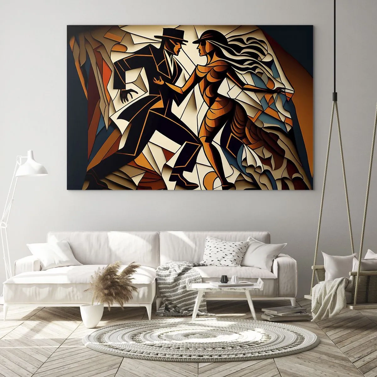Obraz na szkle - Stylizowana para w tańcu w dynamicznej abstrakcyjnej formie - 70x50cm - Taniec pasji i namiętności - Nowoczesna dekoracja ścienna do salonu i sypialni ARTTOR