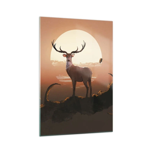 Obraz na szkle - Jeleń na tle zachodzącego słońca i surrealistycznego krajobrazu - 70x100cm - Ta noc do innych jest niepodobna - Nowoczesna dekoracja ścienna do salonu i sypialni ARTTOR
