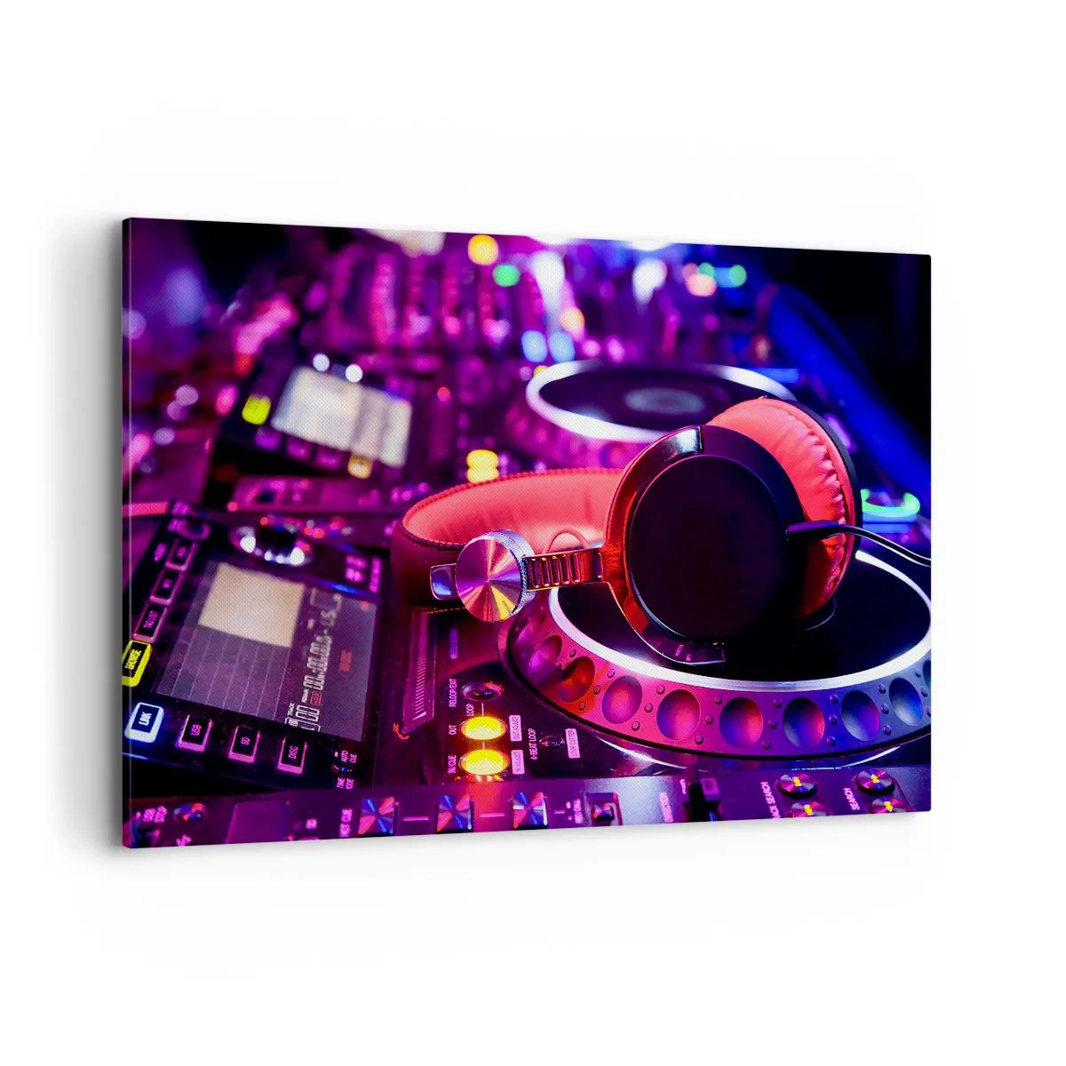 Obraz na płótnie - Słuchawki DJ na konsolecie w neonowym oświetleniu - 120x80cm - Zanim się zacznie zabawa - Nowoczesna dekoracja ścienna do salonu, kuchni i sypialni ARTTOR