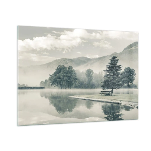 Obraz na szkle - Spokojne jezioro o poranku z ławką i mgłą nad wodą - 100x70cm - Jezioro jeszcze śpi - Nowoczesna dekoracja ścienna do salonu, kuchni i sypialni ARTTOR