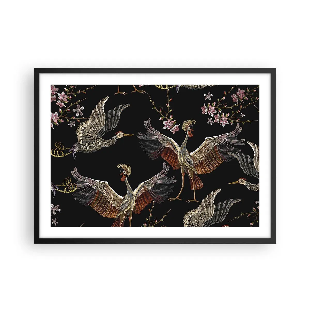 Plakat w czarnej ramie - Stylowe żurawie i kwiaty na czarnym tle - 70x50cm - Baśniowy ptak - Nowoczesna dekoracja ścienna do salonu i sypialni ARTTOR
