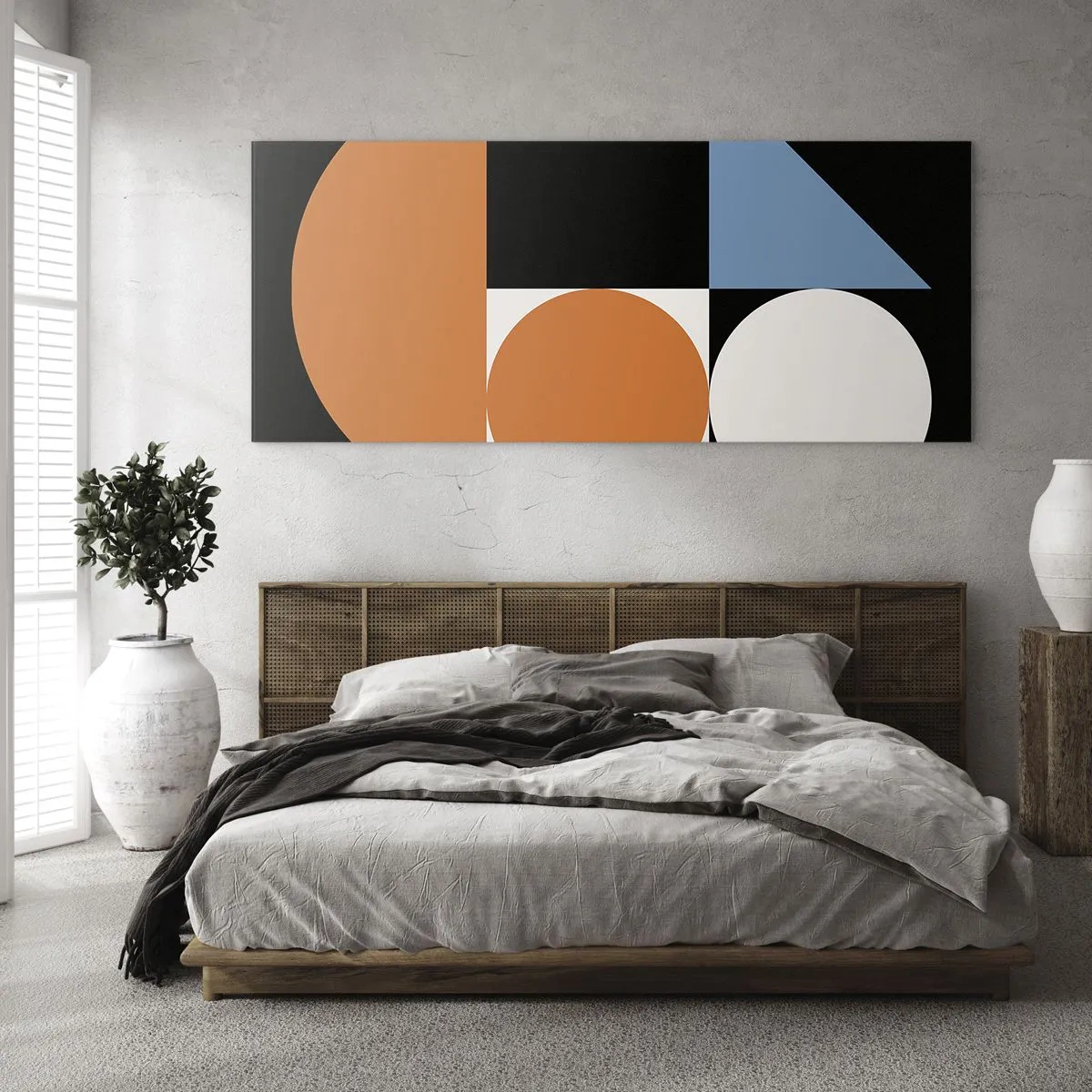 Obraz na szkle - Geometryczny wzór z kolorowymi kształtami na czarnym tle - 120x50cm - Układ figurowy - Nowoczesna dekoracja ścienna do salonu i sypialni ARTTOR