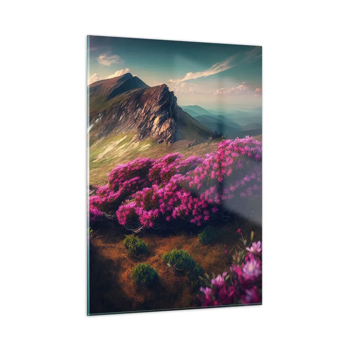 Obraz na szkle - Letni górski krajobraz z kwitnącym różowym wrzosem - 50x70cm - Lato w górach - Nowoczesna dekoracja ścienna do salonu, kuchni i sypialni ARTTOR