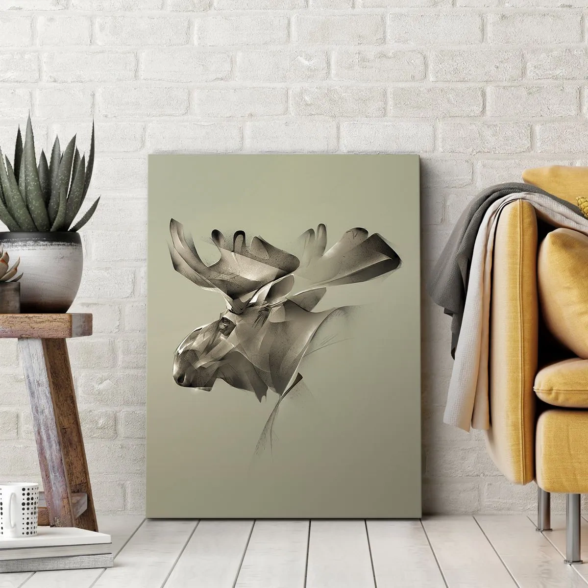 Obraz na płótnie - Abstrakcyjna ilustracja łosia w odcieniach beżu na jasnym tle - 50x70cm - Łagodna siła spokoju - Nowoczesna dekoracja ścienna do salonu, kuchni i sypialni ARTTOR