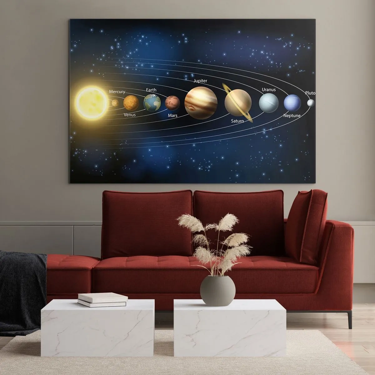 Obraz na szkle - Układ słoneczny z planetami i gwiazdami w tle - 120x80cm - Jedna z dziesięciu - Nowoczesna dekoracja ścienna do salonu, kuchni i sypialni ARTTOR