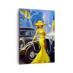 Obraz na płótnie - Kobieta w żółtej sukni z wiolonczelą przy zabytkowym aucie - 50x70cm - Nokturn na skrzypce i miłość - Nowoczesna dekoracja ścienna do salonu, kuchni i sypialni ARTTOR