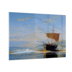Obraz na szkle - Statek z żaglem przy brzegu w malarskim stylu - 70x50cm - Woda, ziemia, powietrze - Nowoczesna dekoracja ścienna do salonu i sypialni ARTTOR