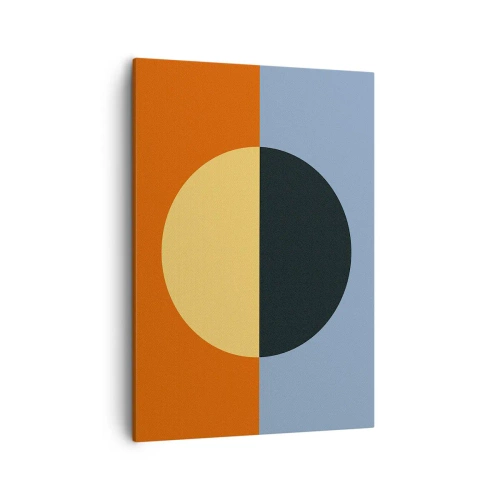 Obraz na płótnie - Geometryczna kompozycja z kołem na podzielonym tle w kolorach pomarańczowym i niebieskim - 50x70cm - Kompozycja ciepła i chłodu - Nowoczesna dekoracja ścienna do salonu, kuchni i sypialni ARTTOR